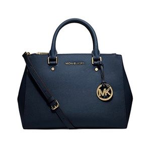 Michael Kors Sutton Medium Saffiano Leather Satchel - Navy Blue & Gold